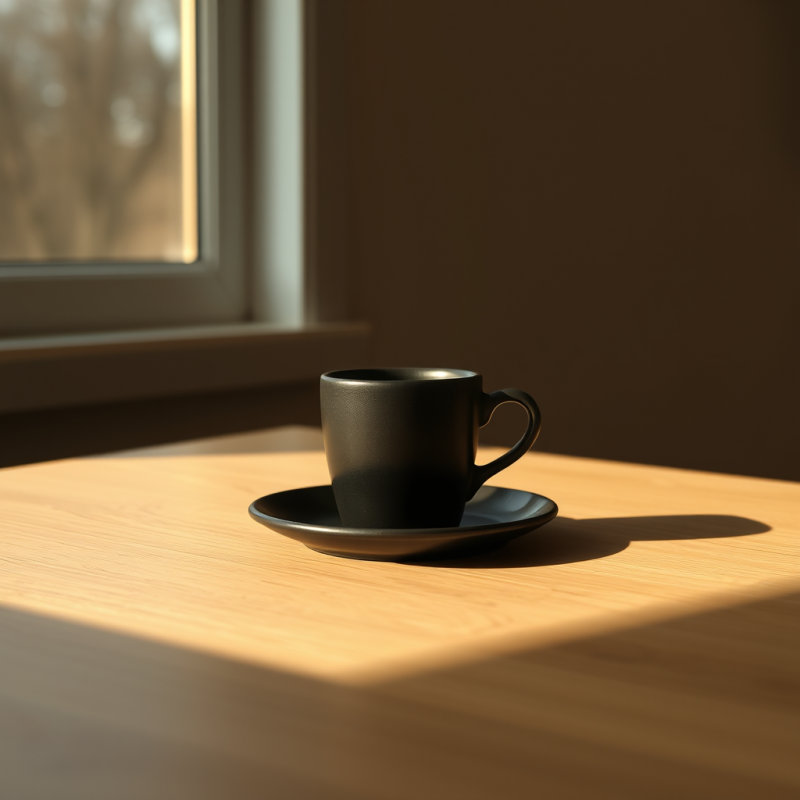 Minimalist Black Coffee Cup Sits on a Wooden Table