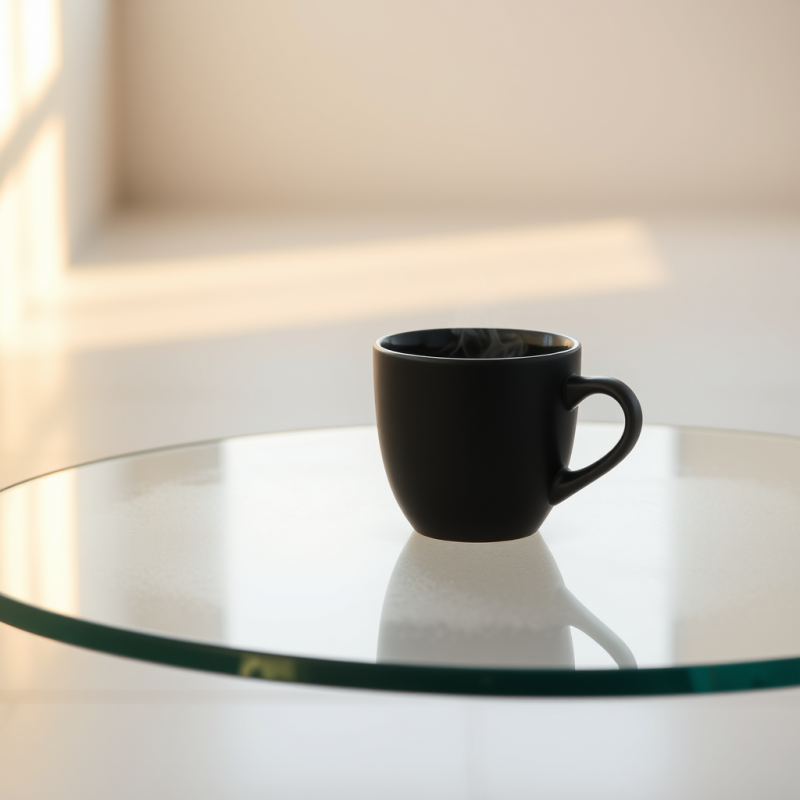 Minimalist Black Coffee Mug Sits on a Glass Table,