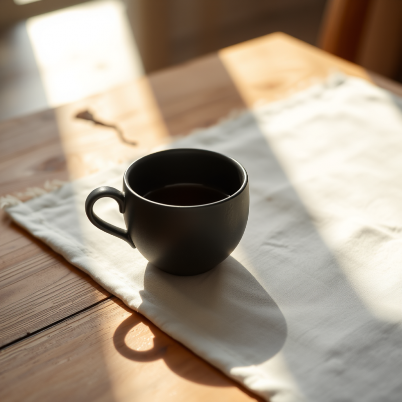 Minimalist Black Coffee Mug Sits on a White Cloth