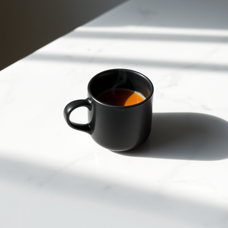 Minimalist Black Mug Filled with Coffee Rests on a