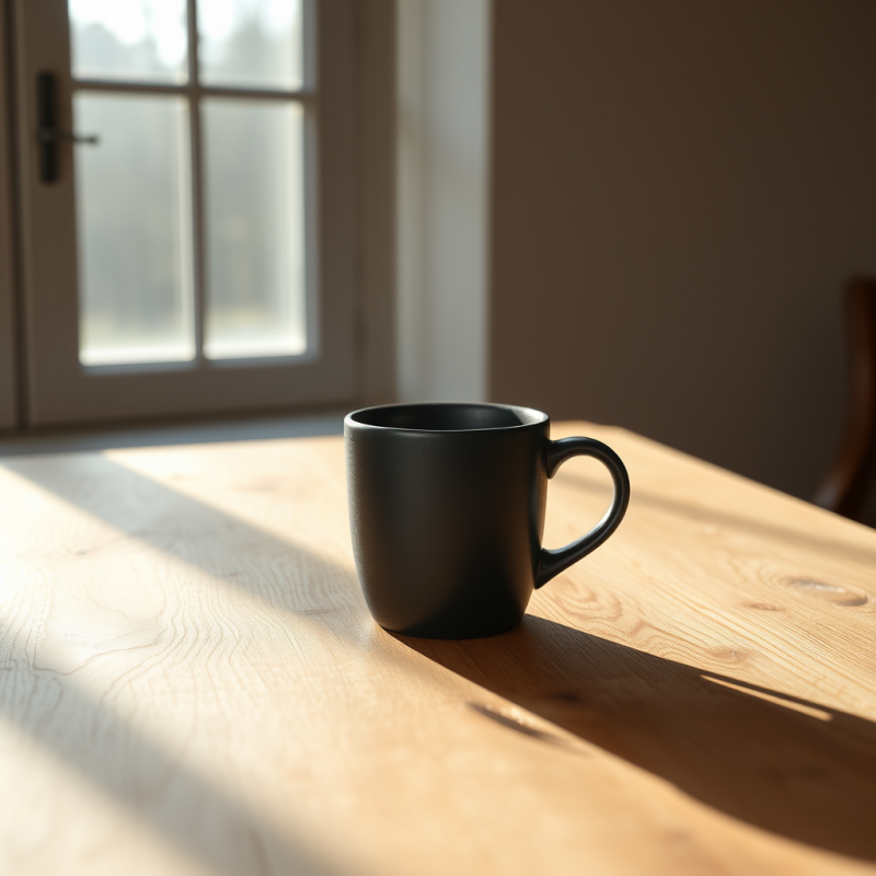 Minimalist Black Mug Rests on a Sunlit Wooden Table,