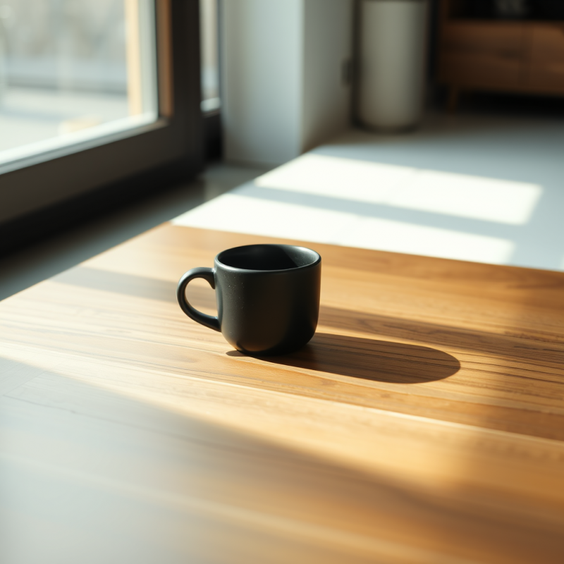 Minimalist Black Mug Rests on a Warm Wooden Table