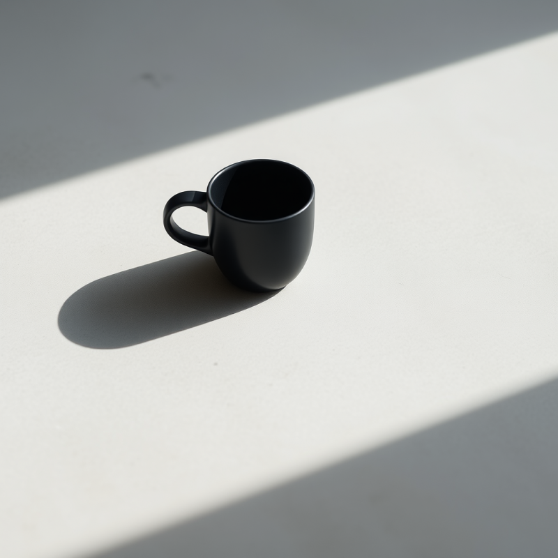 Minimalist Black Mug Sits in a Sharp Sunbeam on a