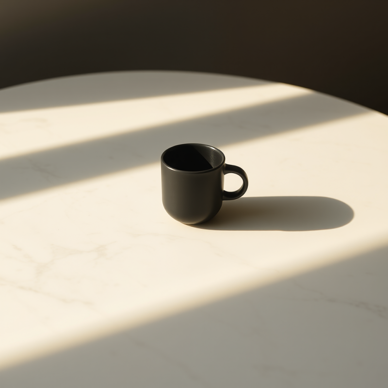 Minimalist Black Mug Sits on a Marble Table Bathed
