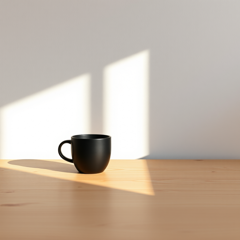 Minimalist Black Mug Sits on a Warm Wooden Table,