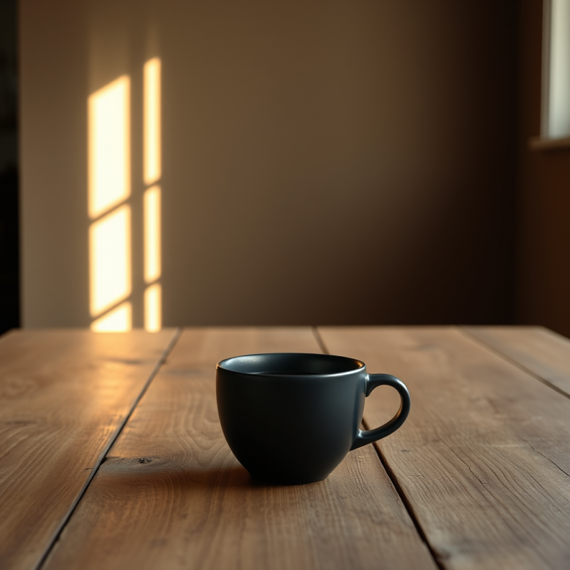 Minimalist Black Mug Sits on a Warm Wooden Table,