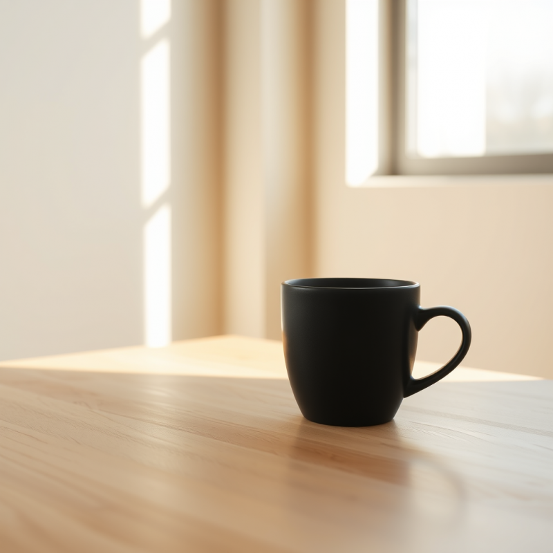 Minimalist Black Mug Sits on a Warm Wooden Table