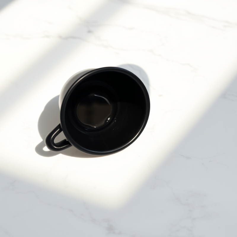 Minimalist Black Mug Sits on a White Marble Surface,
