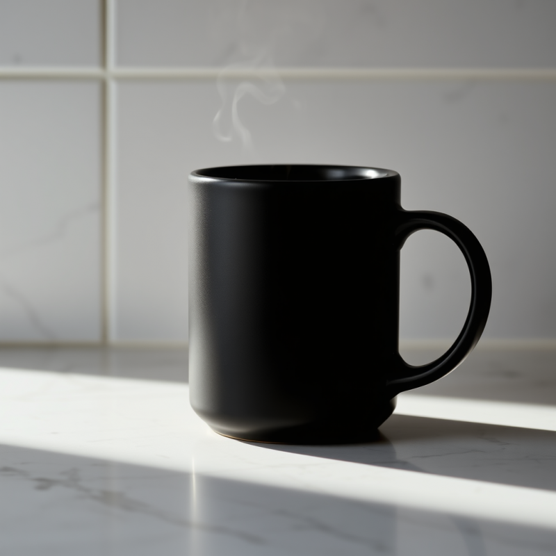 Minimalist Black Mug with Rising Steam Sits on a