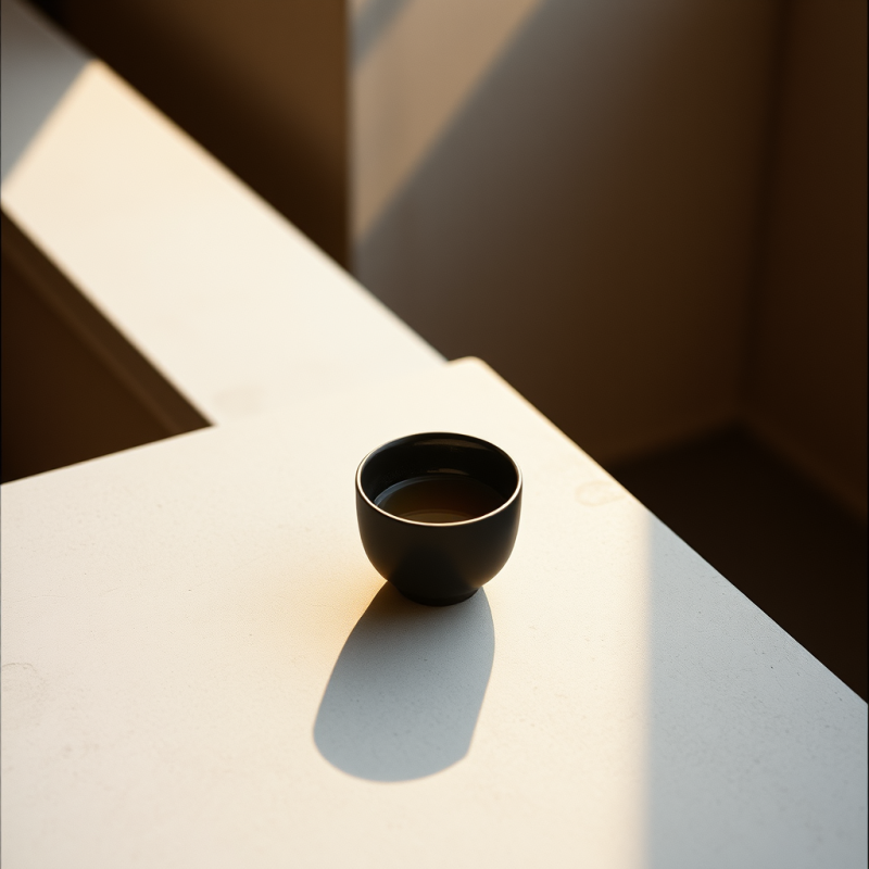 Minimalist Black Tea Cup Rests on a White Surface,