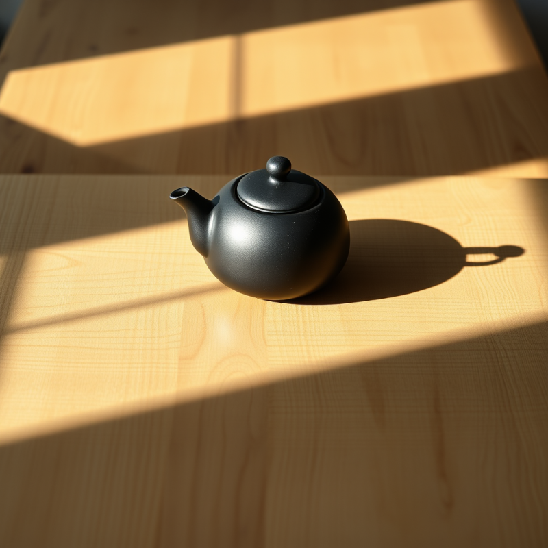 Minimalist Black Teapot Rests on a Light Wood Table,