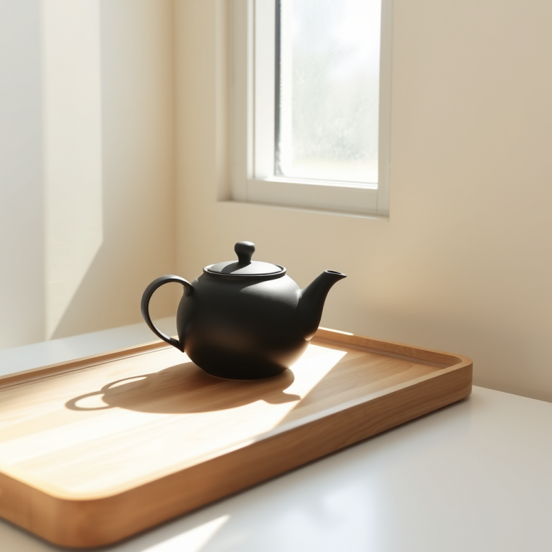 Minimalist Black Teapot Rests on a Light Wooden Tray