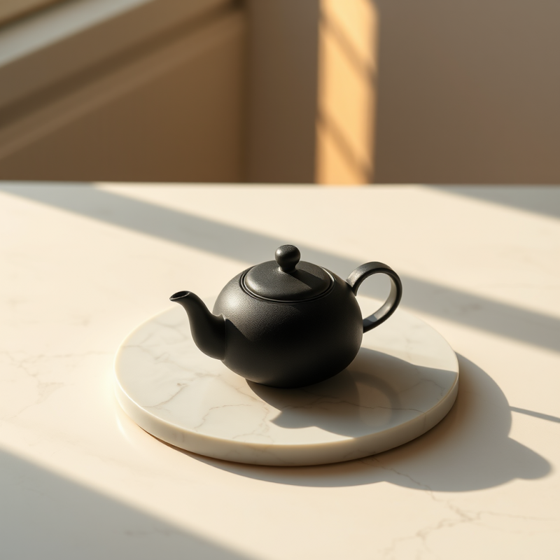 Minimalist Black Teapot Rests on a Marble Tray,