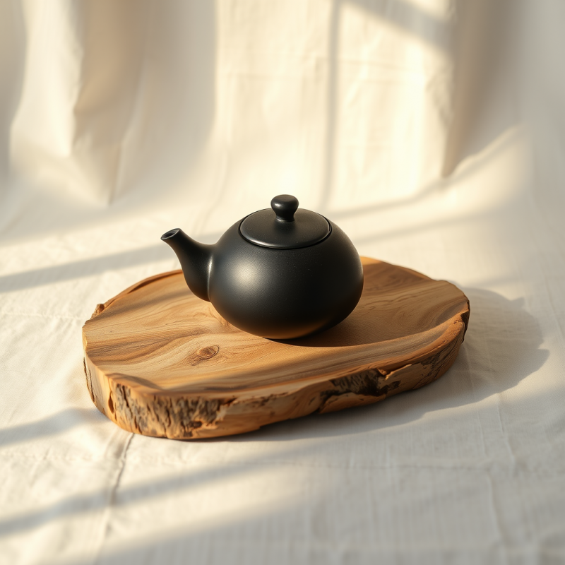 Minimalist Black Teapot Rests on a Rustic Wooden