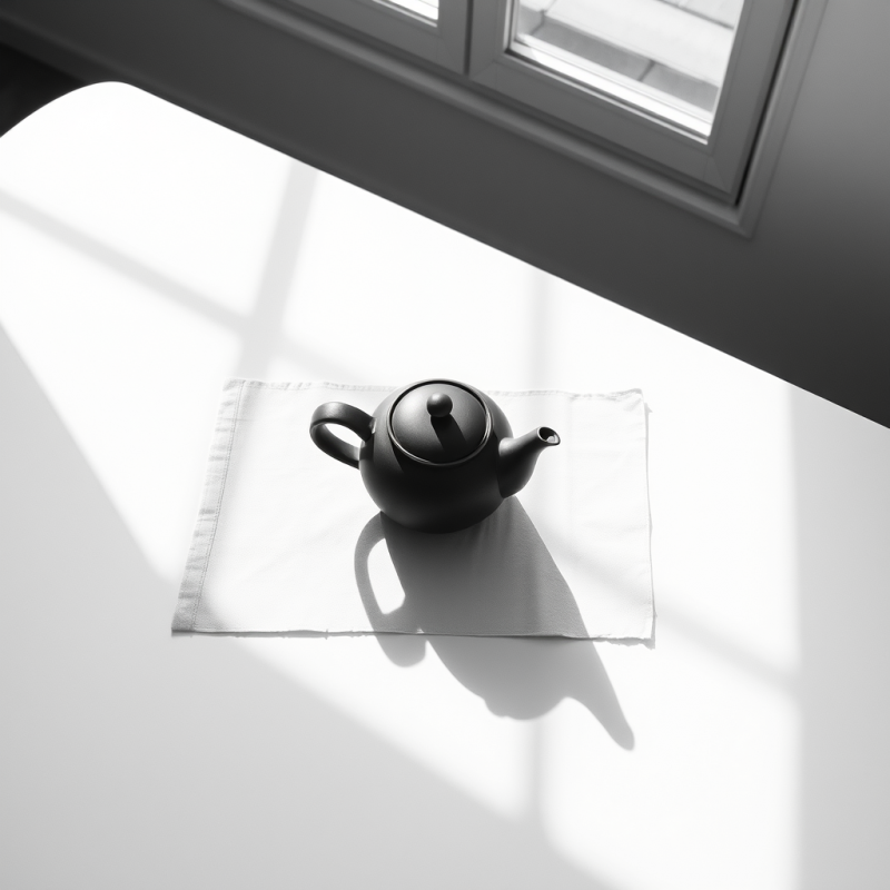 Minimalist Black Teapot Rests on a White Cloth,
