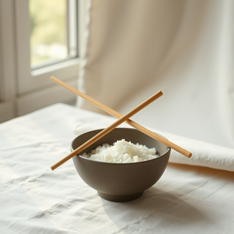 Minimalist Bowl of Steamed White Rice with Crossed