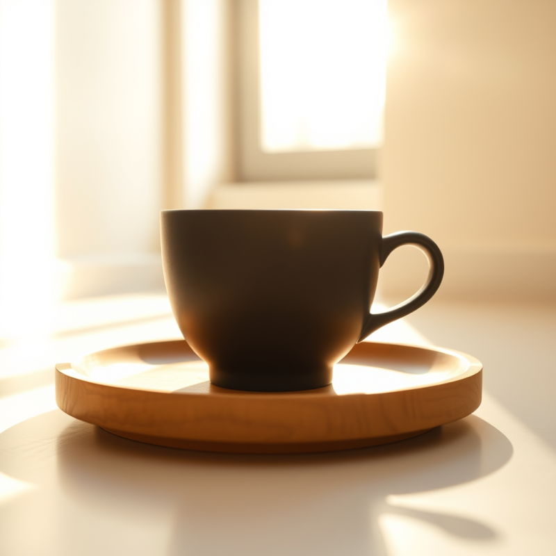 Minimalist Ceramic Cup Rests on a Wooden Tray,