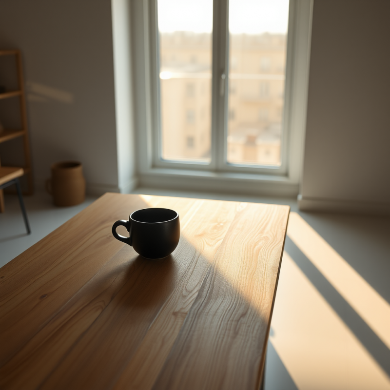 Minimalist Scene Featuring a Black Mug on a Wooden