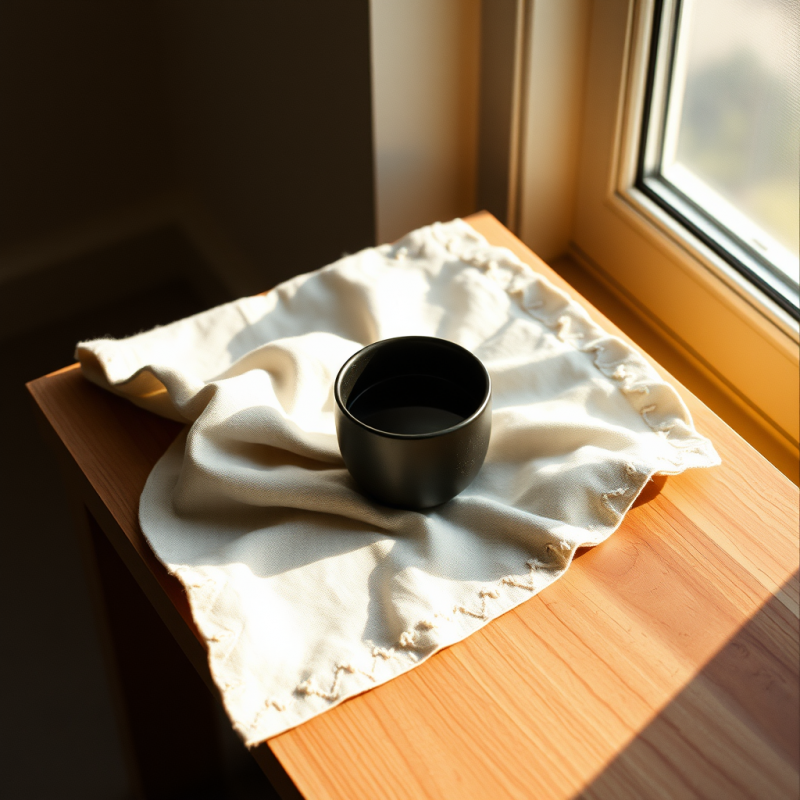 Minimalist Scene of a Black Cup Resting on a Cream