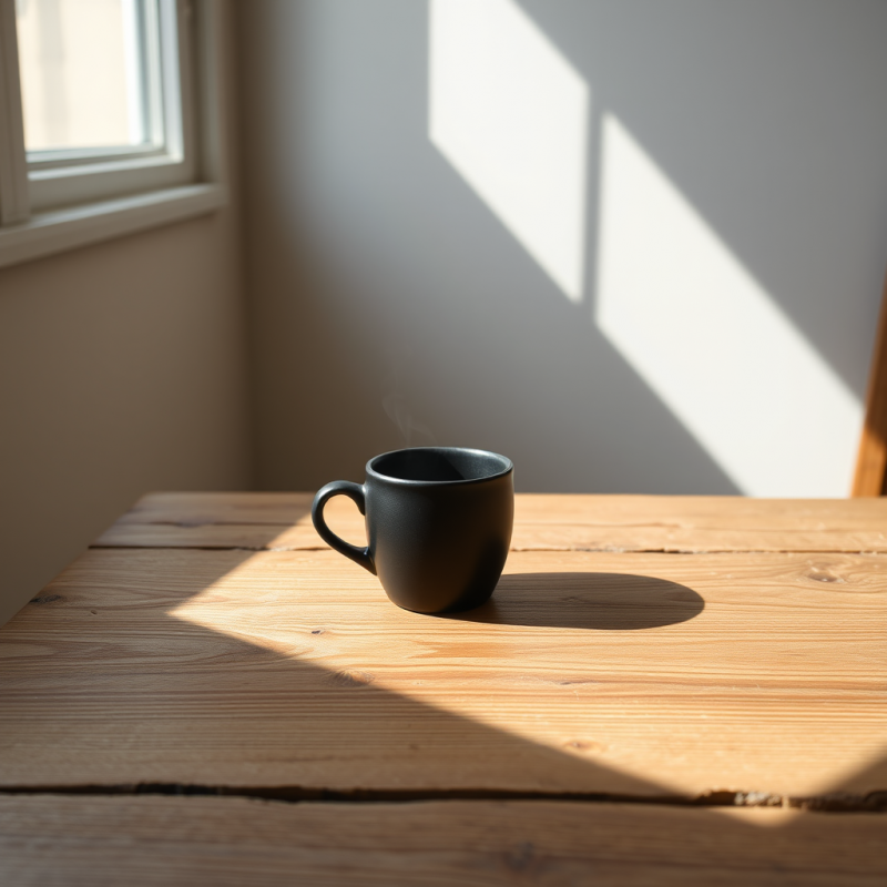 Minimalist Scene of a Steaming Black Mug on a Rustic