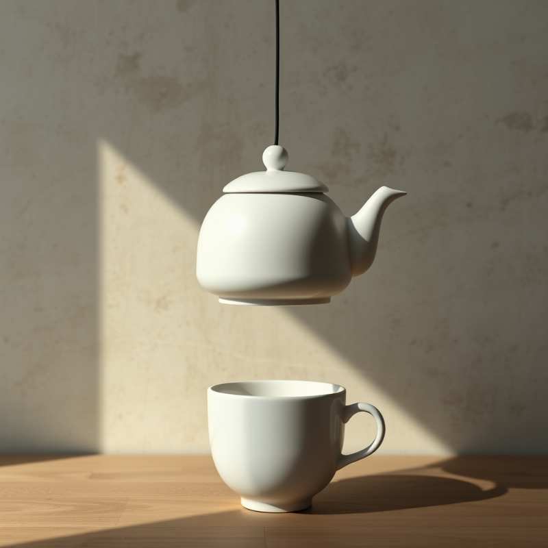 Minimalist Scene with a White Teapot Suspended by a