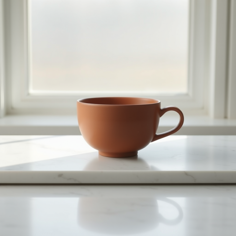 Minimalist Terracotta Mug Sits on a White Marble