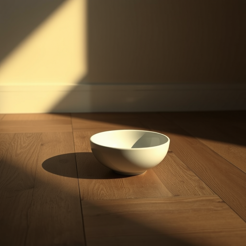 Minimalist White Bowl Rests on a Wooden Floor Bathed