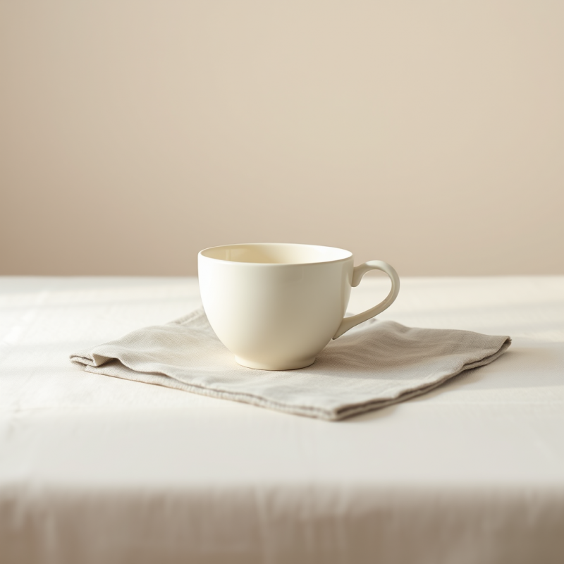 Minimalist White Ceramic Cup Rests on a Folded Beige