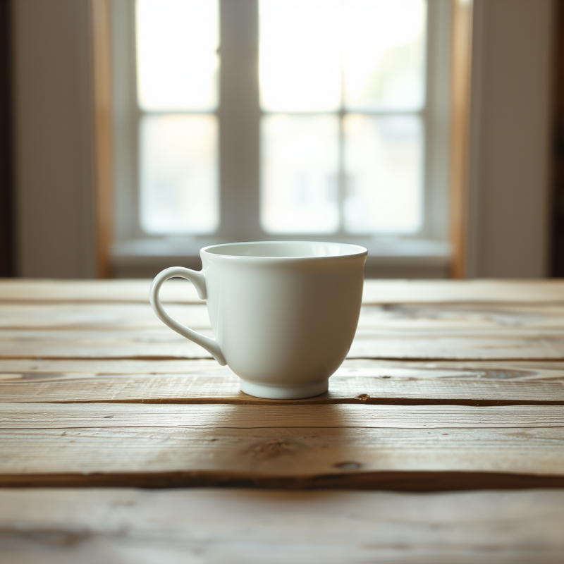 Minimalist White Ceramic Mug Sits on a Rustic Wooden