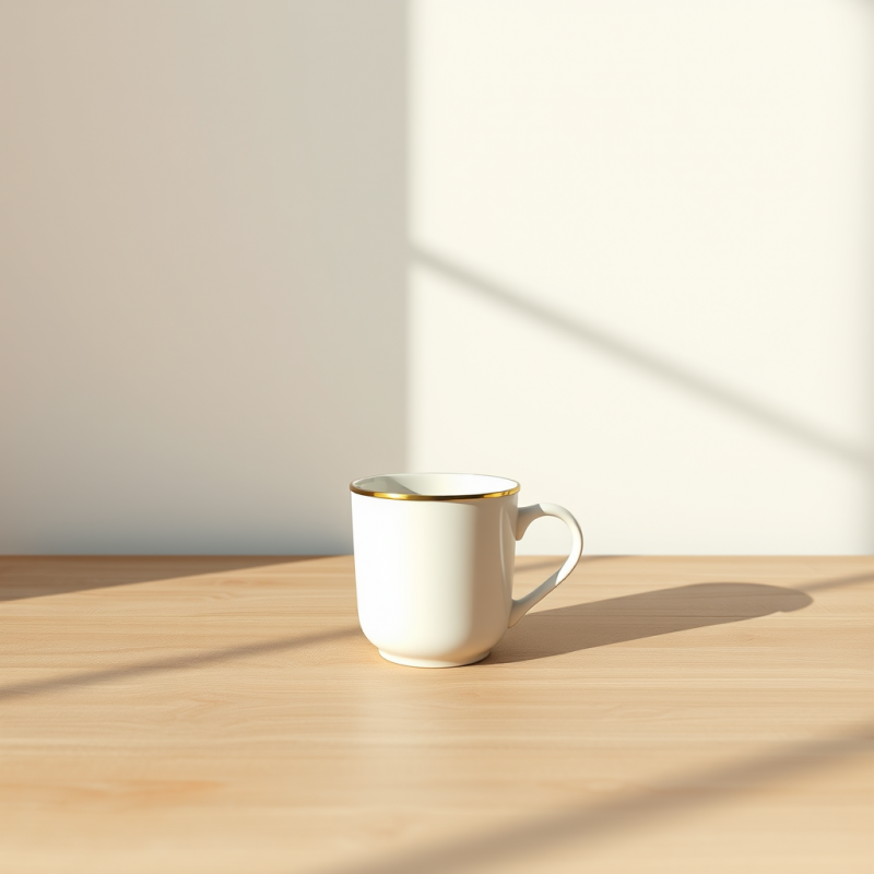 Minimalist White Ceramic Mug with a Gold Rim Sits on