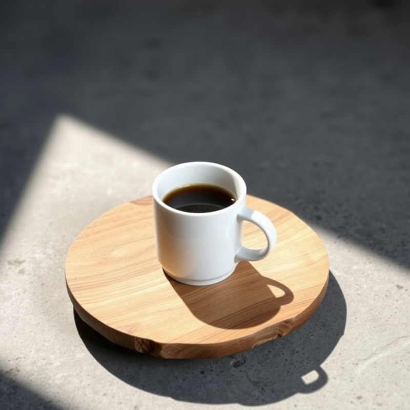 Minimalist White Coffee Cup Sits on a Wooden Tray