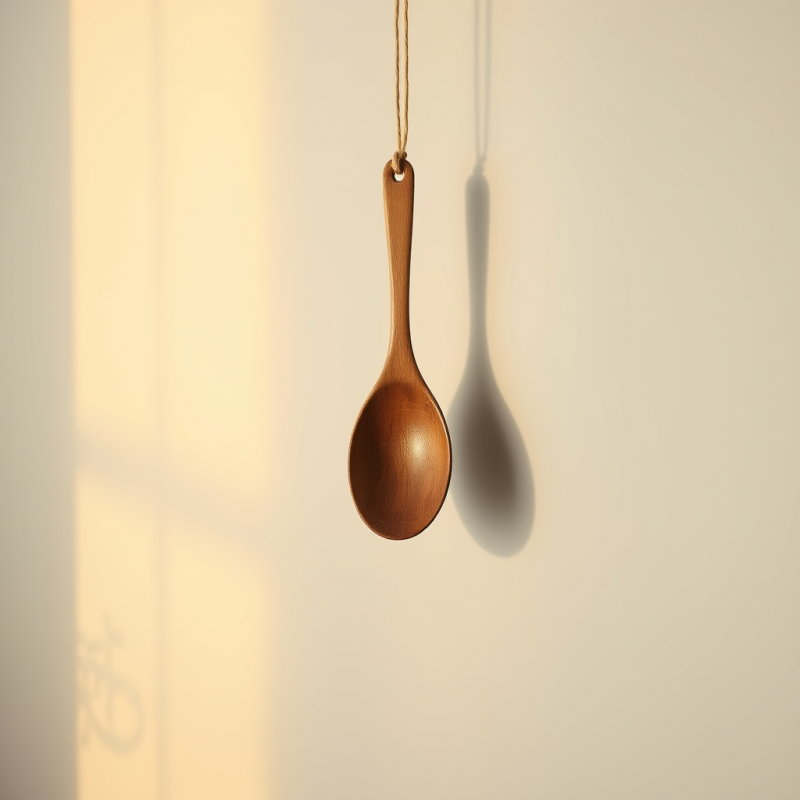Minimalist Wooden Spoon Hangs Suspended by Twine,