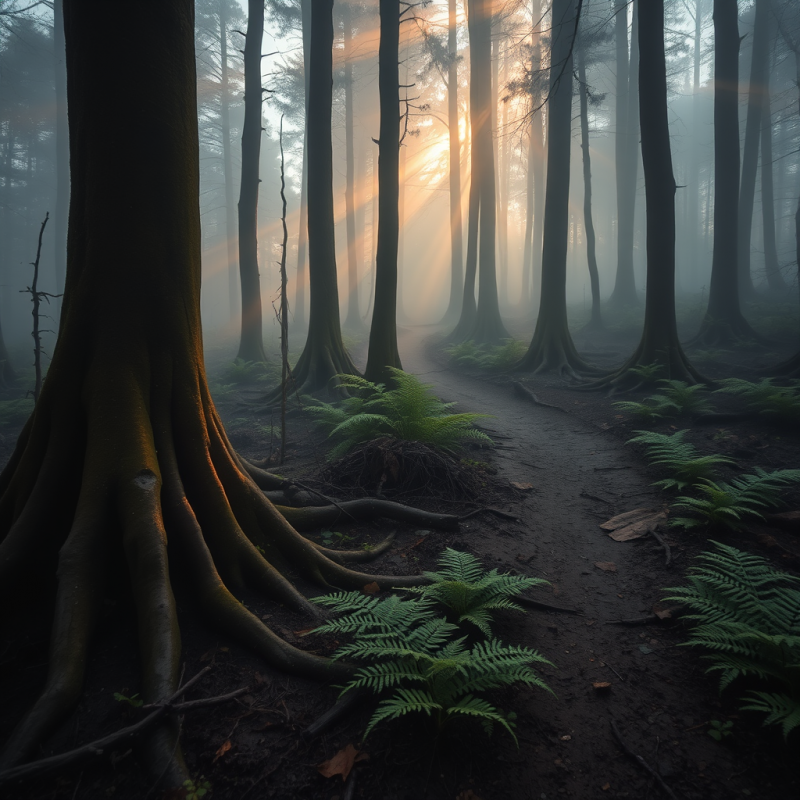 Mist-shrouded Forest Trail at Dawn