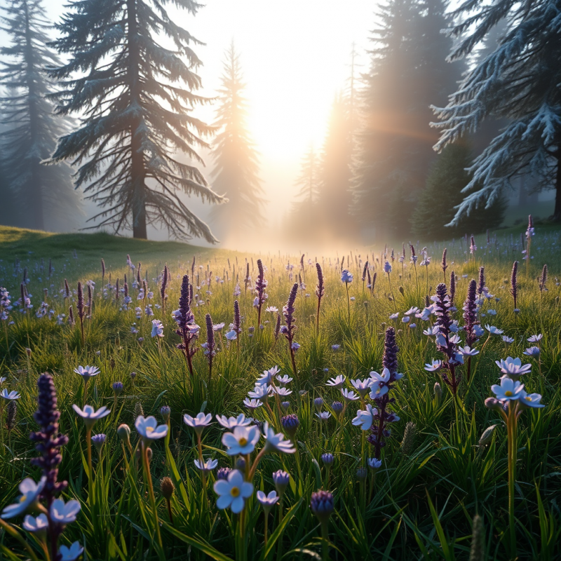 Misty Alpine Meadow at Golden Hour