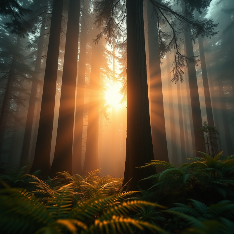 Misty Dawn in a Dense Redwood Forest