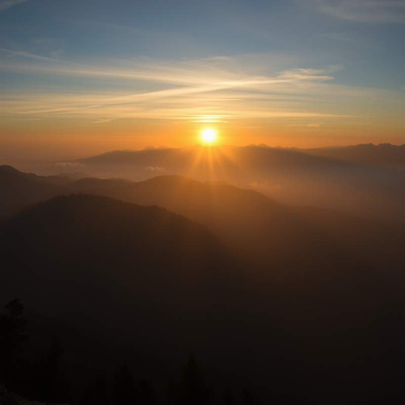Misty Mountain Sunrise with Layers of Peaks Golden Light