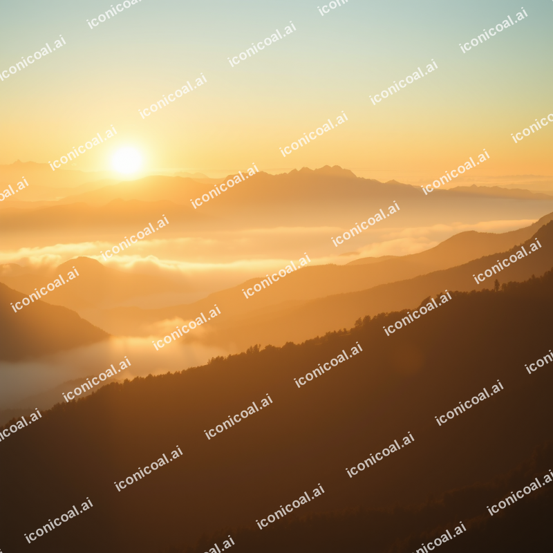 Misty Mountain Sunrise With Layers Of Peaks Golden Light