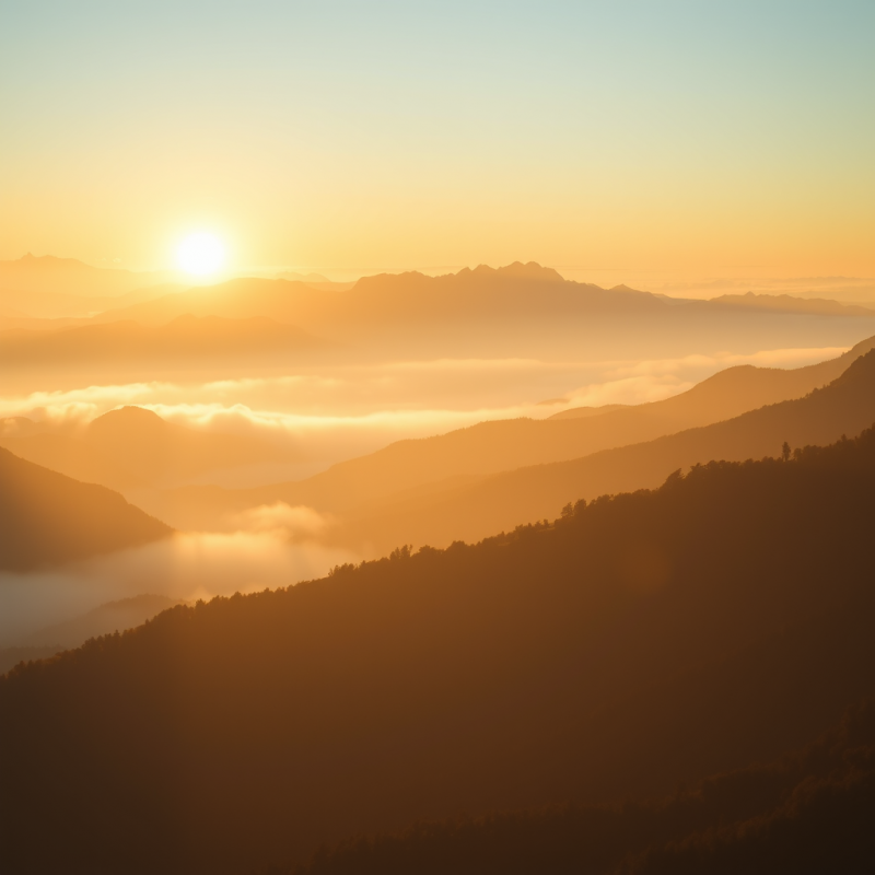 Misty Mountain Sunrise with Layers of Peaks Golden Light