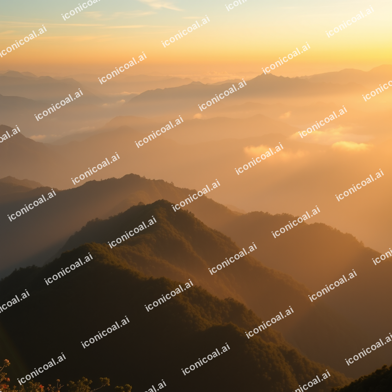 Misty Mountain Sunrise With Layers Of Peaks Golden Light