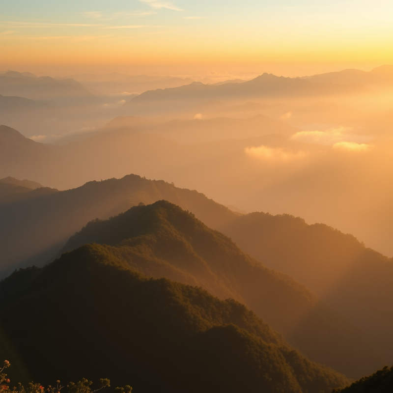 Misty Mountain Sunrise with Layers of Peaks Golden Light