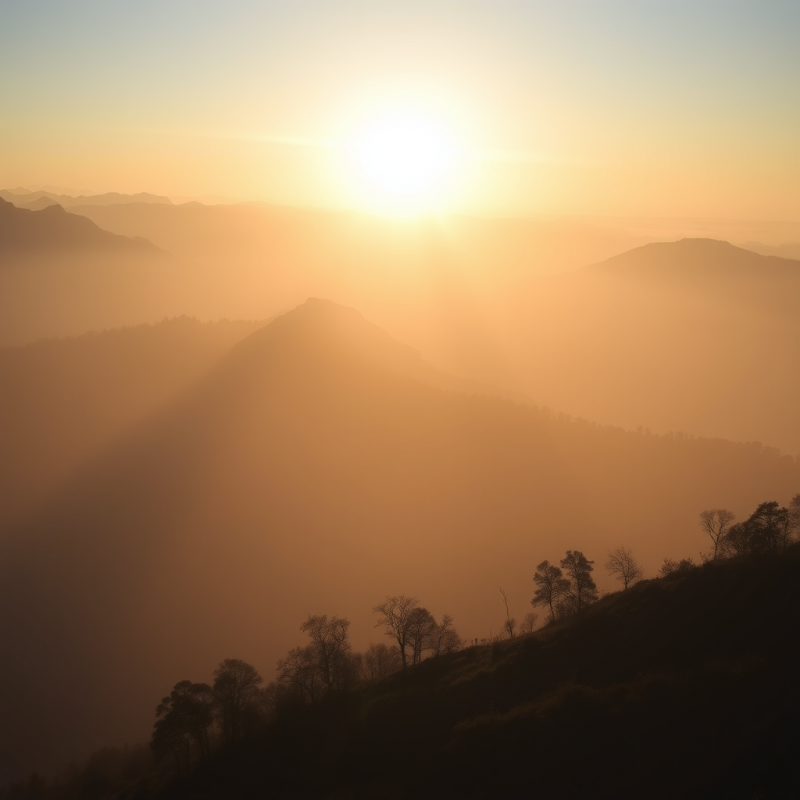 Misty Mountain Sunrise with Layers of Peaks Golden Light