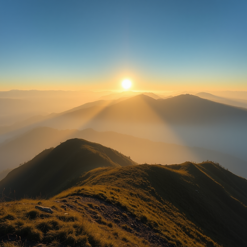 Misty Mountain Sunrise with Layers of Peaks Golden Light