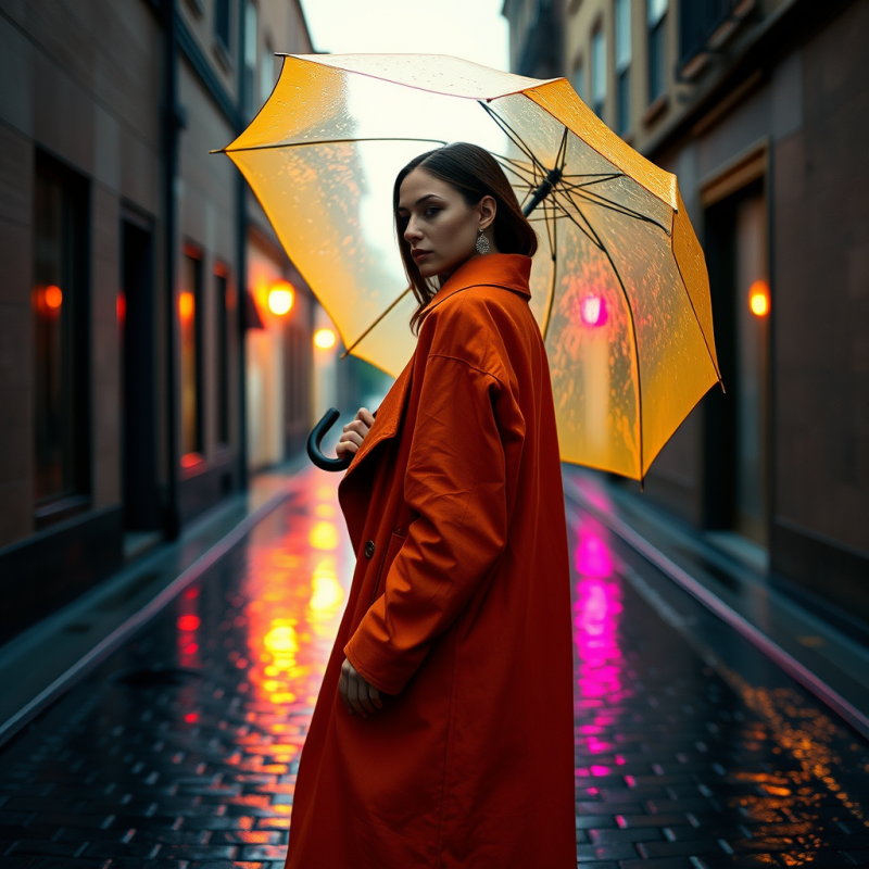 Model Draped in a Handwoven Terracotta Linen Trench Coa...