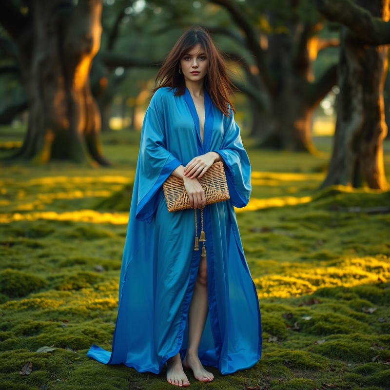 Model Draped in a Translucent Cobalt Satin Robe