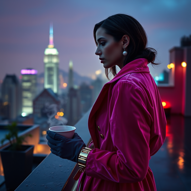 Model in a Gradient Neon-pink Velvet Trench Coat Stands...