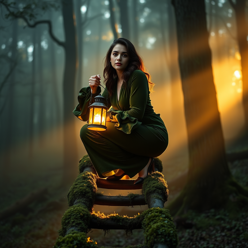 Model in a Moss-green Velvet Jumpsuit with Oversized Ru...