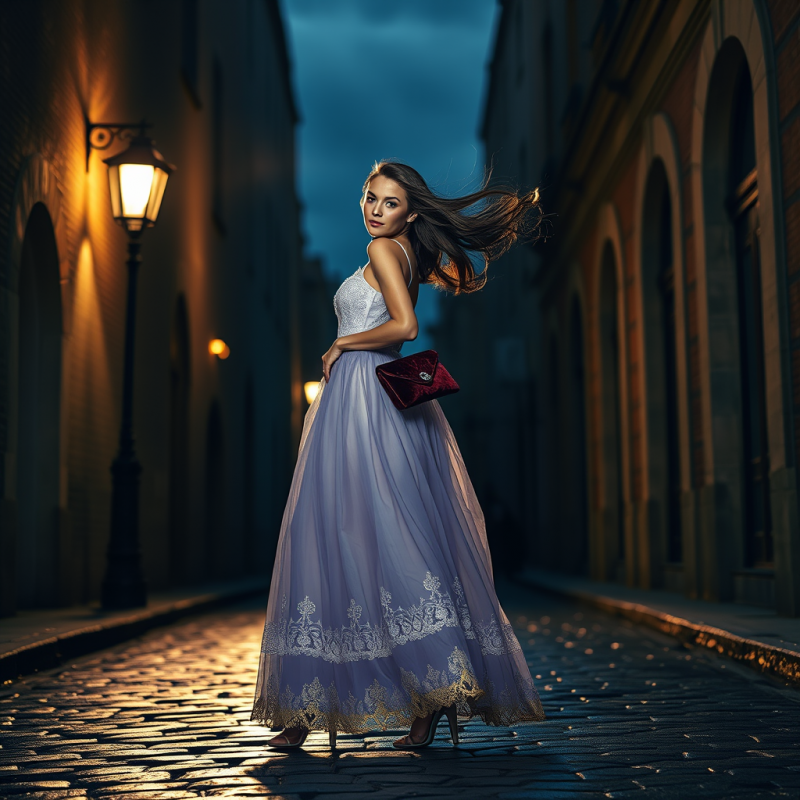 Model in a Translucent Lavender Tulle Gown with Gold-th...