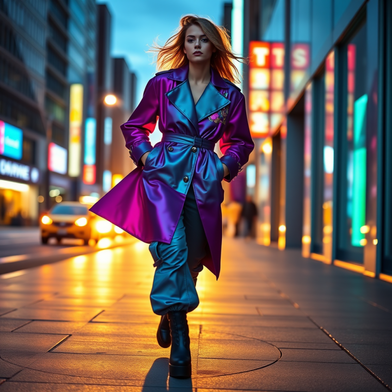 Model Mid-stride on a Neon-drenched City Sidewalk at Tw...