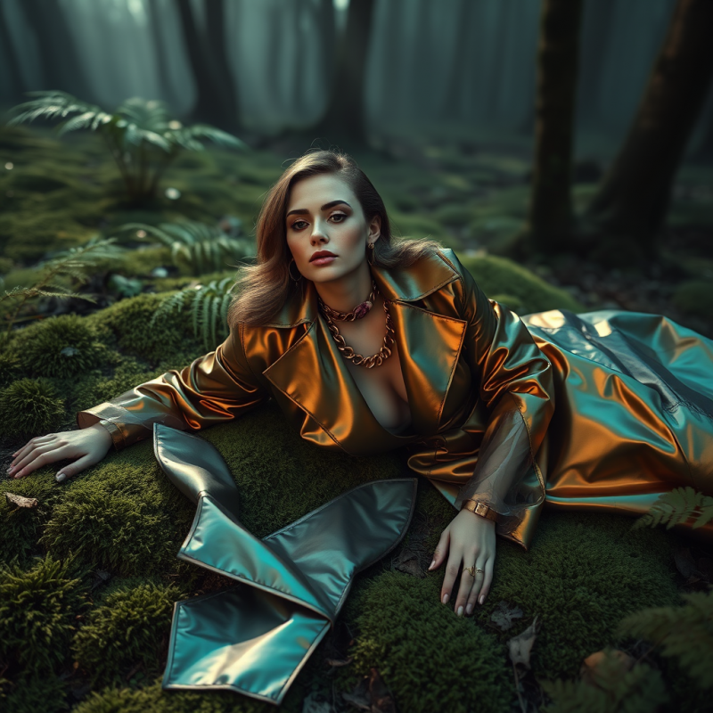 Model Reclines on a Mossy Forest Floor at Dawn