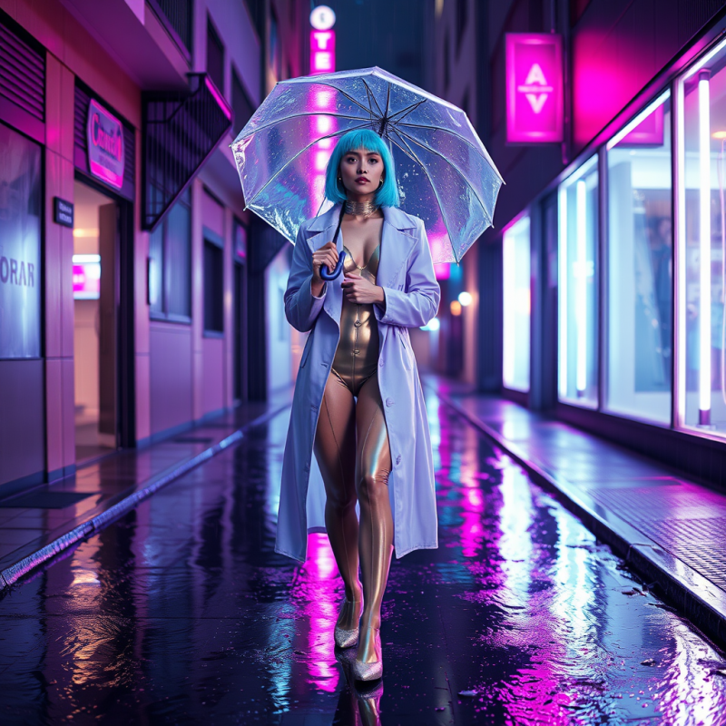 Model with Glowing Neon-blue Hair Stands Mid-stride in ...